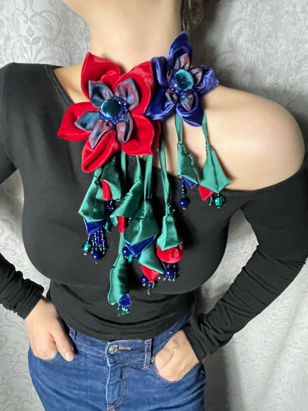 Handmade Large Red & Blue Velvet Flower Statement Brooch / Fabric Floral Corsage